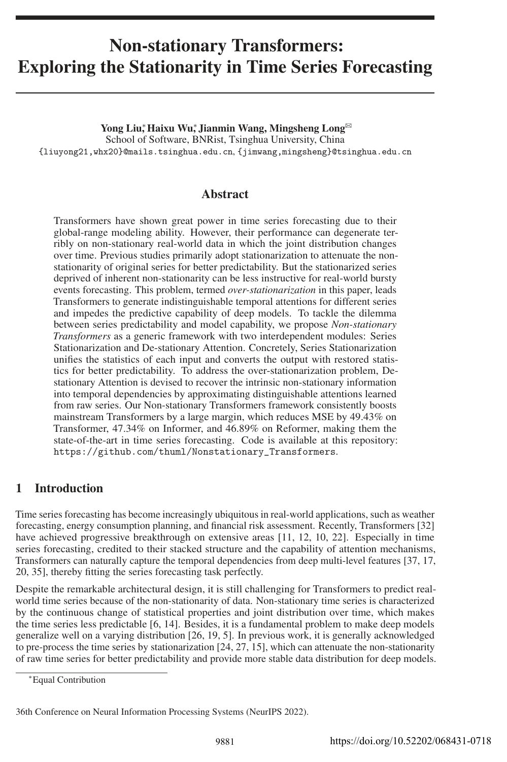 Cover for Non-stationary Transformers: Exploring the Stationarity in Time Series Forecasting