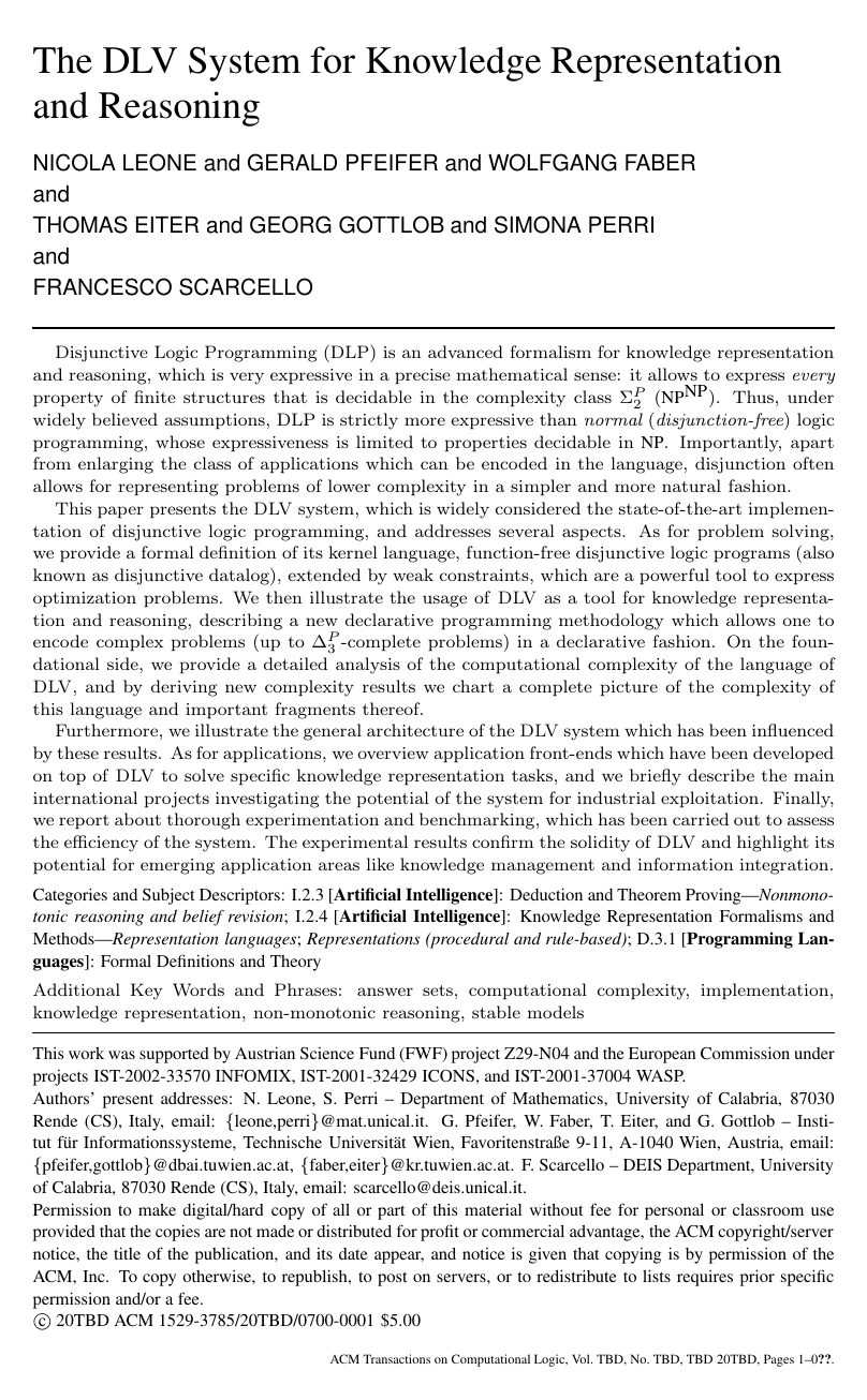 Cover for The DLV system for knowledge representation and reasoning