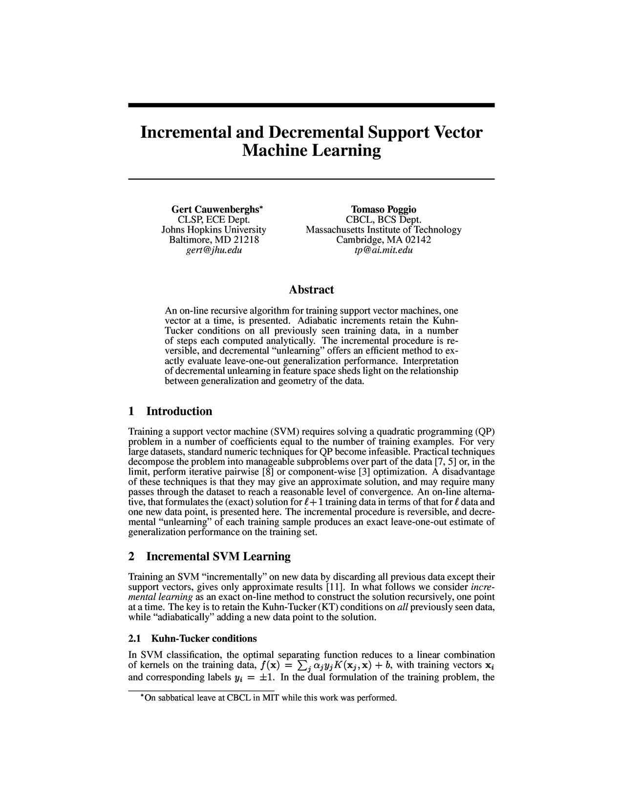 Incremental and Decremental Support Vector Machine Learning