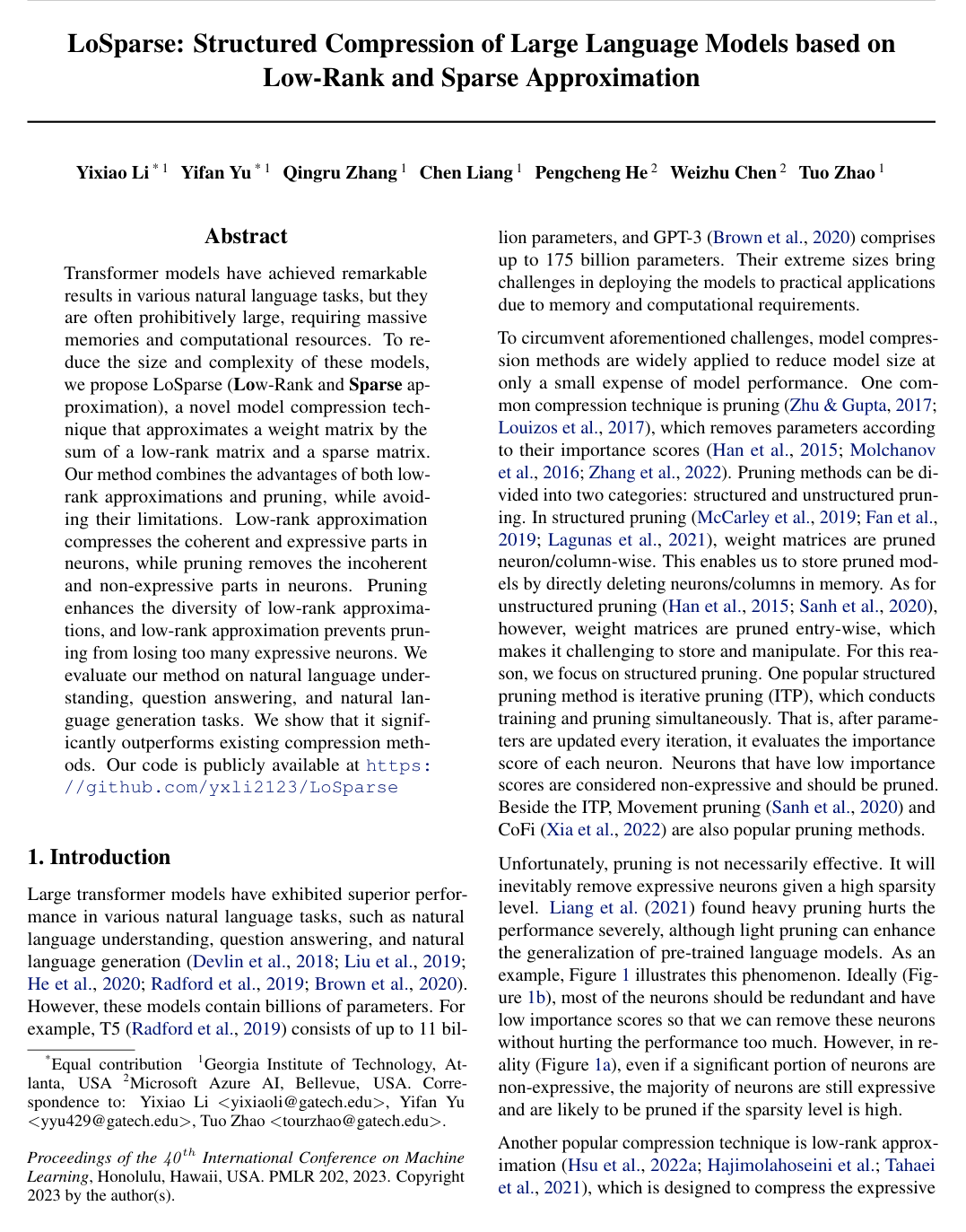 Cover for LoSparse: Structured Compression of Large Language Models based on Low-Rank and Sparse Approximation