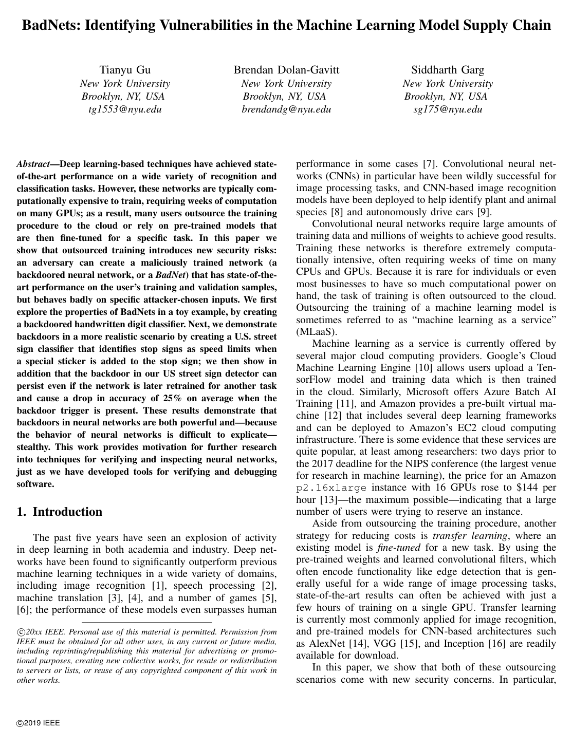 Cover for BadNets: Identifying Vulnerabilities in the Machine Learning Model Supply Chain