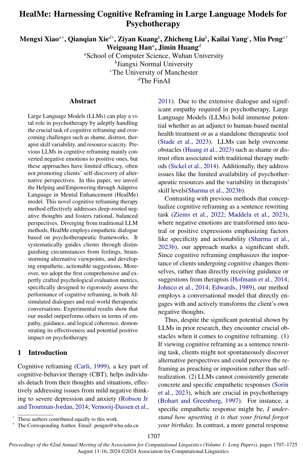 HealMe: Harnessing Cognitive Reframing in Large Language Models for Psychotherapy