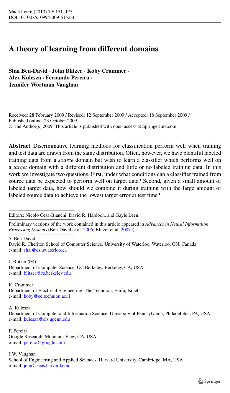 A theory of learning from different domains