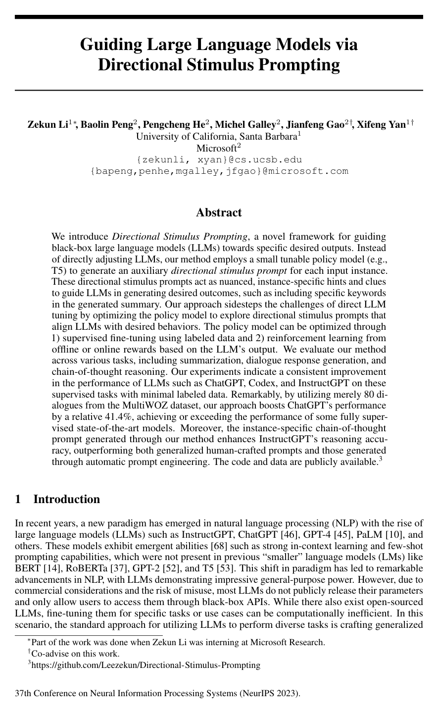 Cover for Guiding Large Language Models via Directional Stimulus Prompting