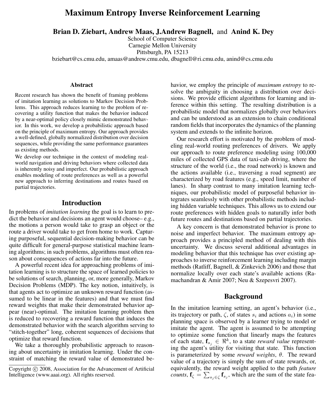 Cover for Maximum Entropy Inverse Reinforcement Learning