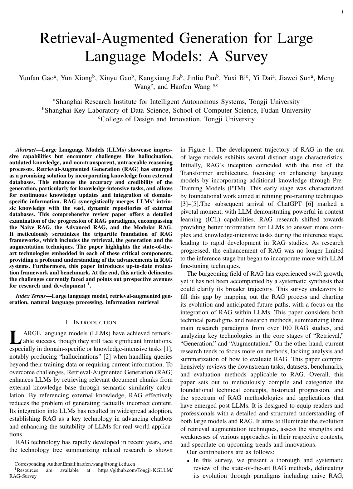 Cover for Retrieval-Augmented Generation for Large Language Models: A Survey