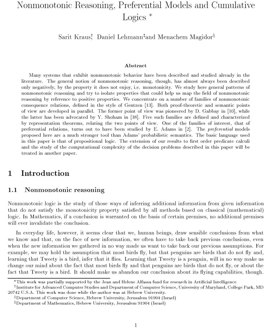 Nonmonotonic Reasoning, Preferential Models and Cumulative Logics