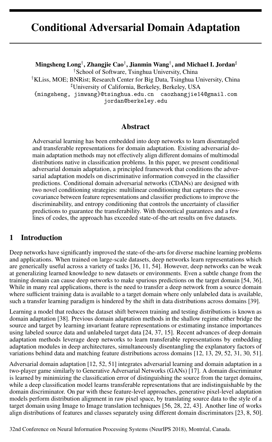 Cover for Conditional Adversarial Domain Adaptation