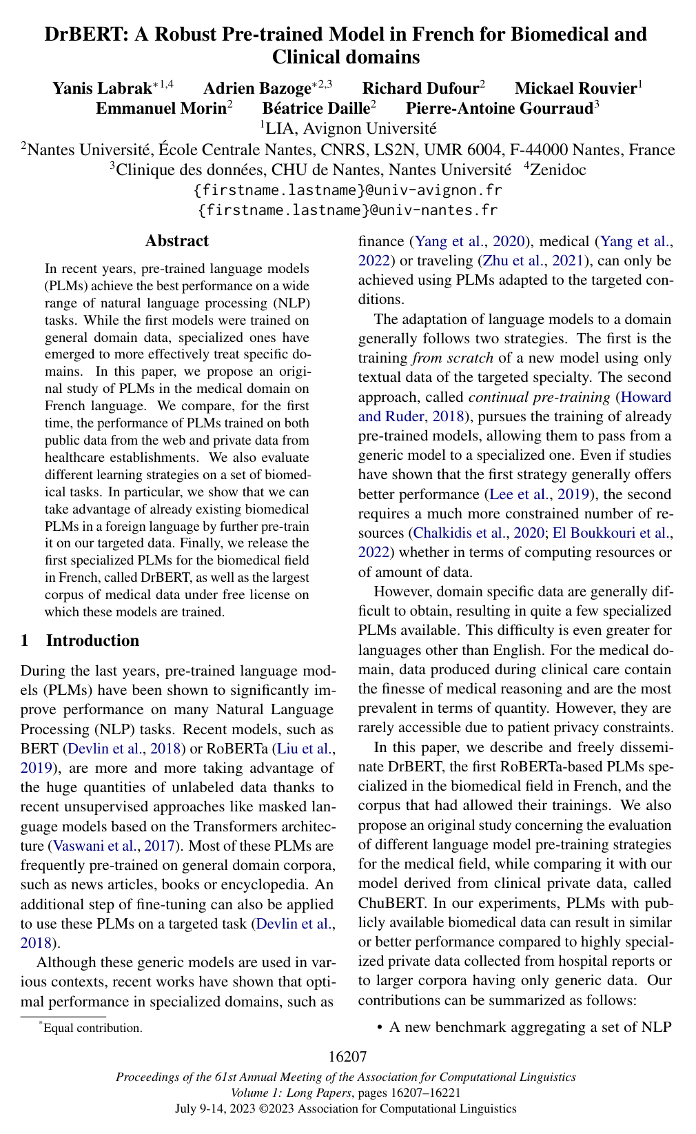 DrBERT: A Robust Pre-trained Model in French for Biomedical and Clinical domains
