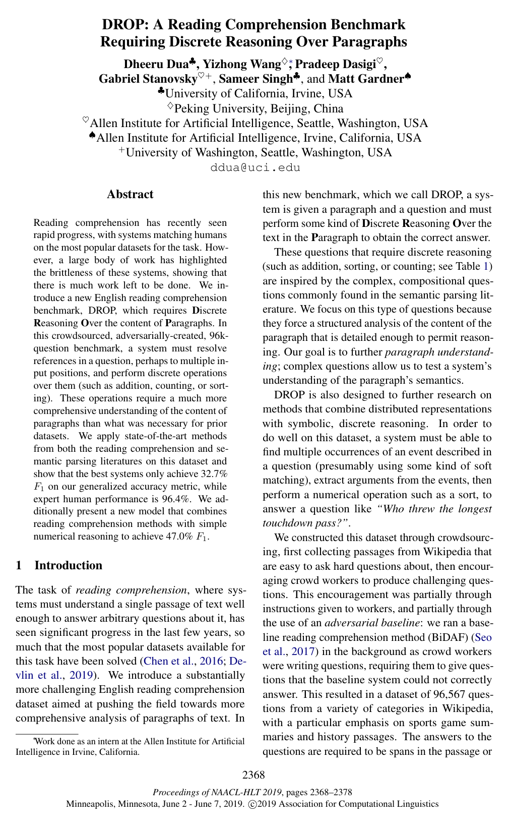 Cover for DROP: A Reading Comprehension Benchmark Requiring Discrete Reasoning Over Paragraphs