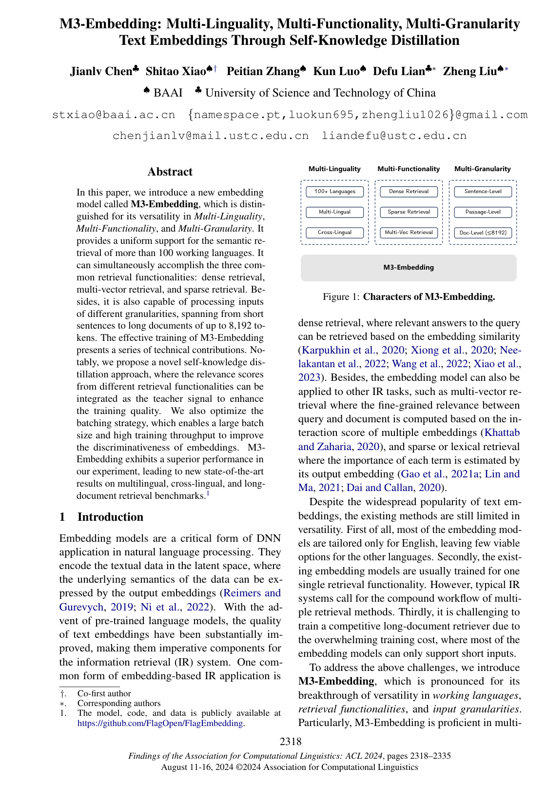 M3-Embedding: Multi-Linguality, Multi-Functionality, Multi-Granularity Text Embeddings Through Self-Knowledge Distillation