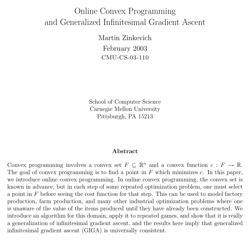 Cover for Online Convex Programming and Generalized Infinitesimal Gradient Ascent