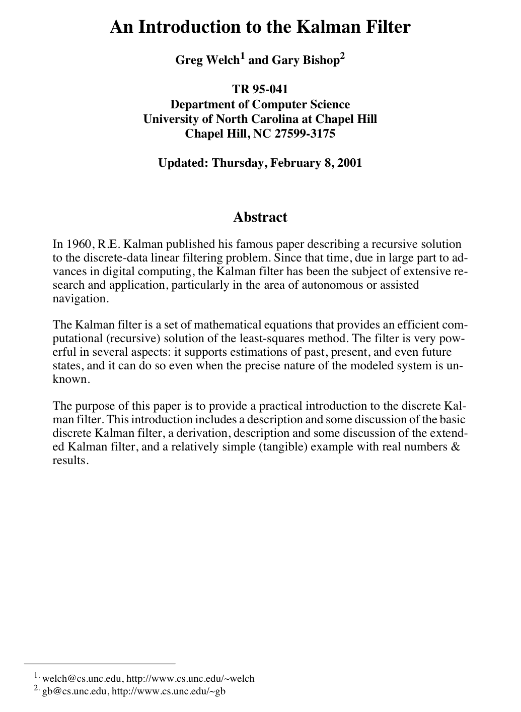 Cover for An Introduction to the Kalman Filter