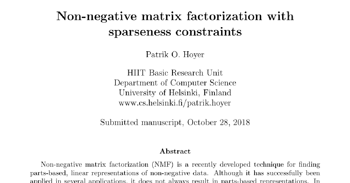 Non-negative Matrix Factorization with Sparseness Constraints cover