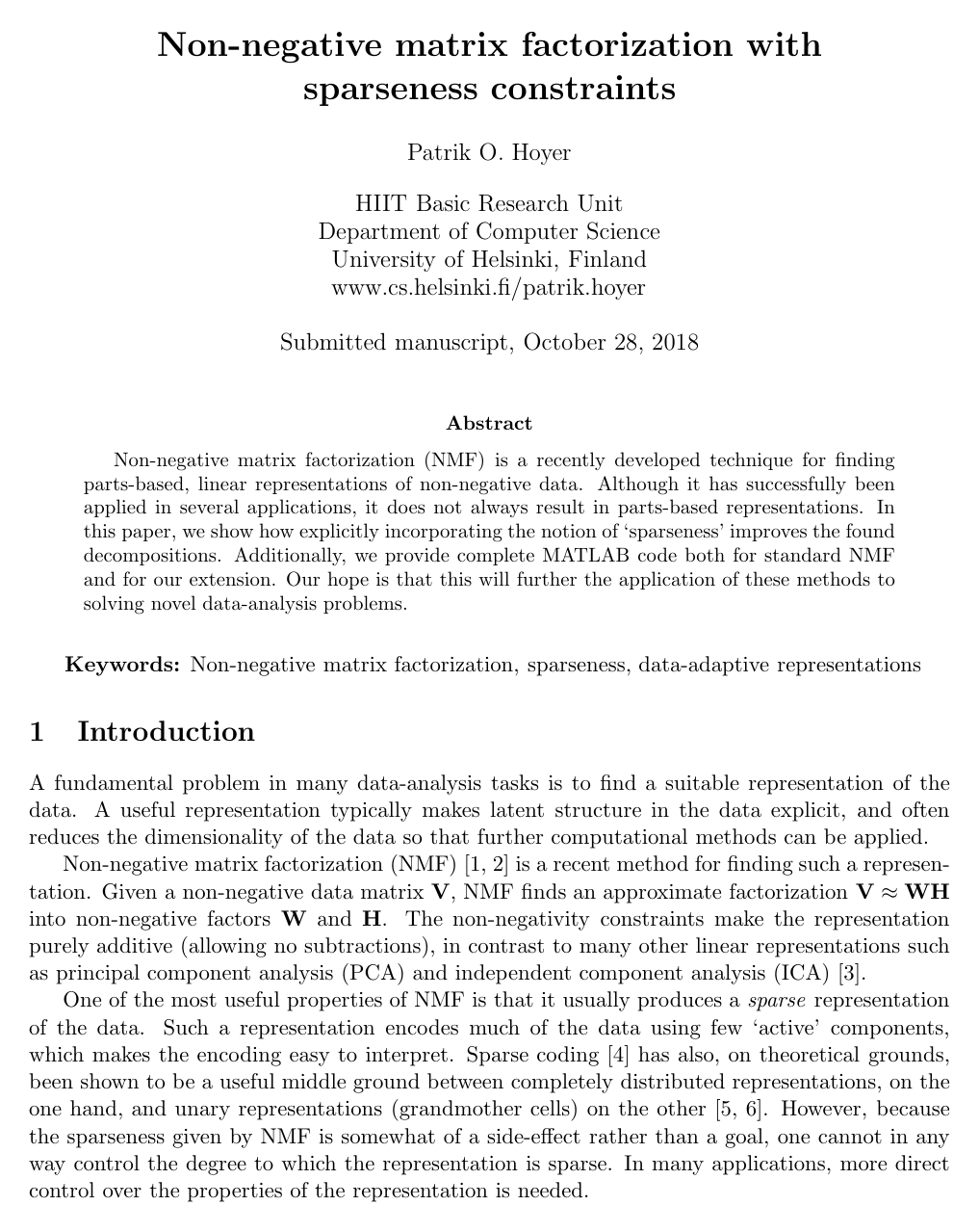 Non-negative Matrix Factorization with Sparseness Constraints