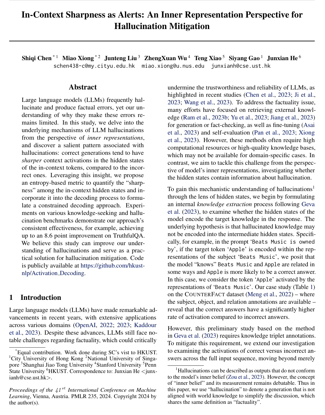 In-Context Sharpness as Alerts: An Inner Representation Perspective for Hallucination Mitigation