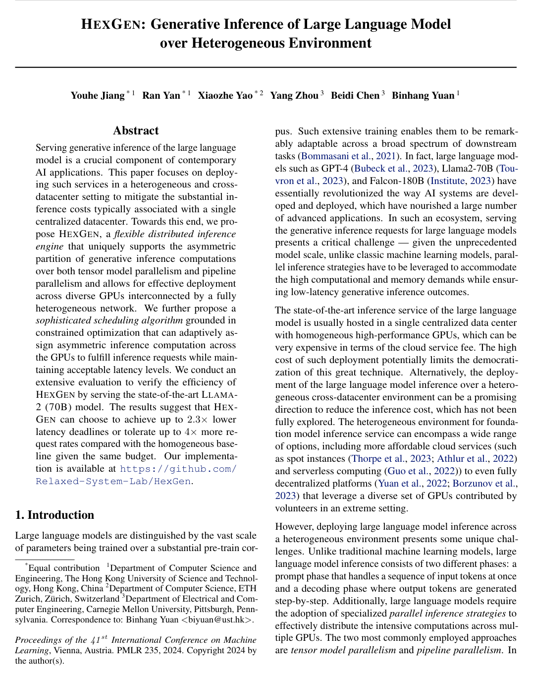 HexGen: Generative Inference of Large Language Model over Heterogeneous Environment