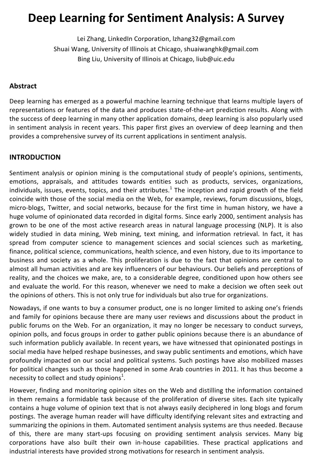 Cover for Deep learning for sentiment analysis: A survey