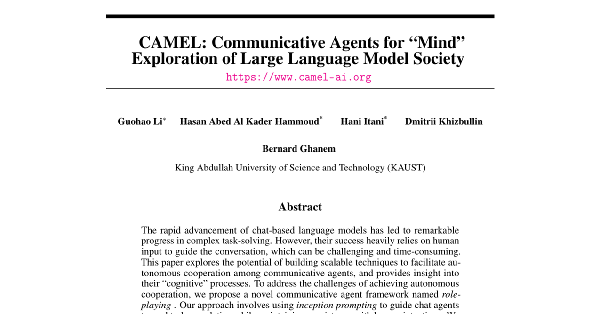 CAMEL: Communicative Agents for "Mind" Exploration of Large Language Model Society cover