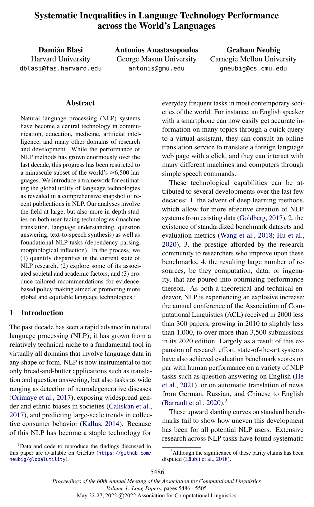 Systematic Inequalities in Language Technology Performance across the World's Languages