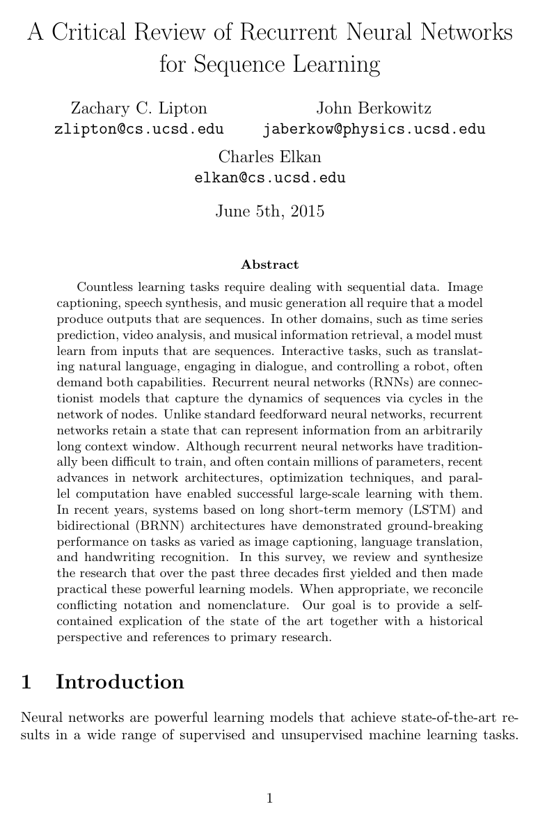 Cover for A Critical Review of Recurrent Neural Networks for Sequence Learning