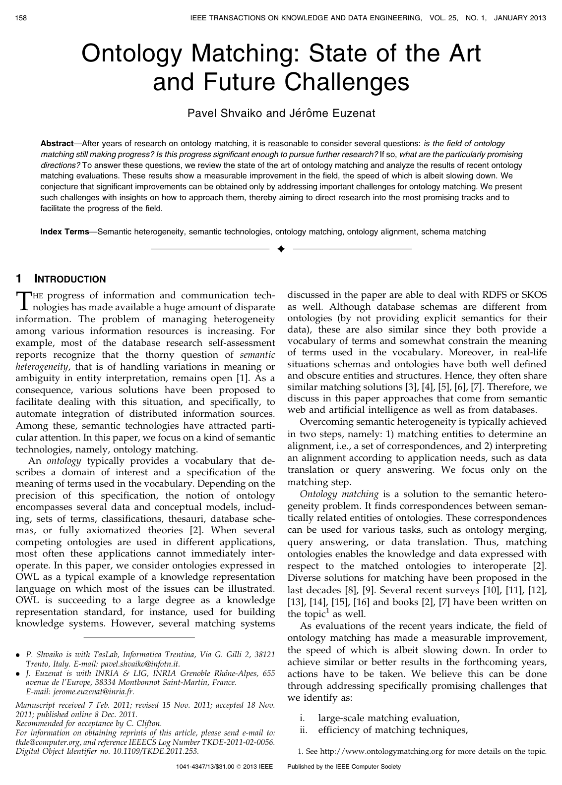 Cover for Ontology Matching: State of the Art and Future Challenges