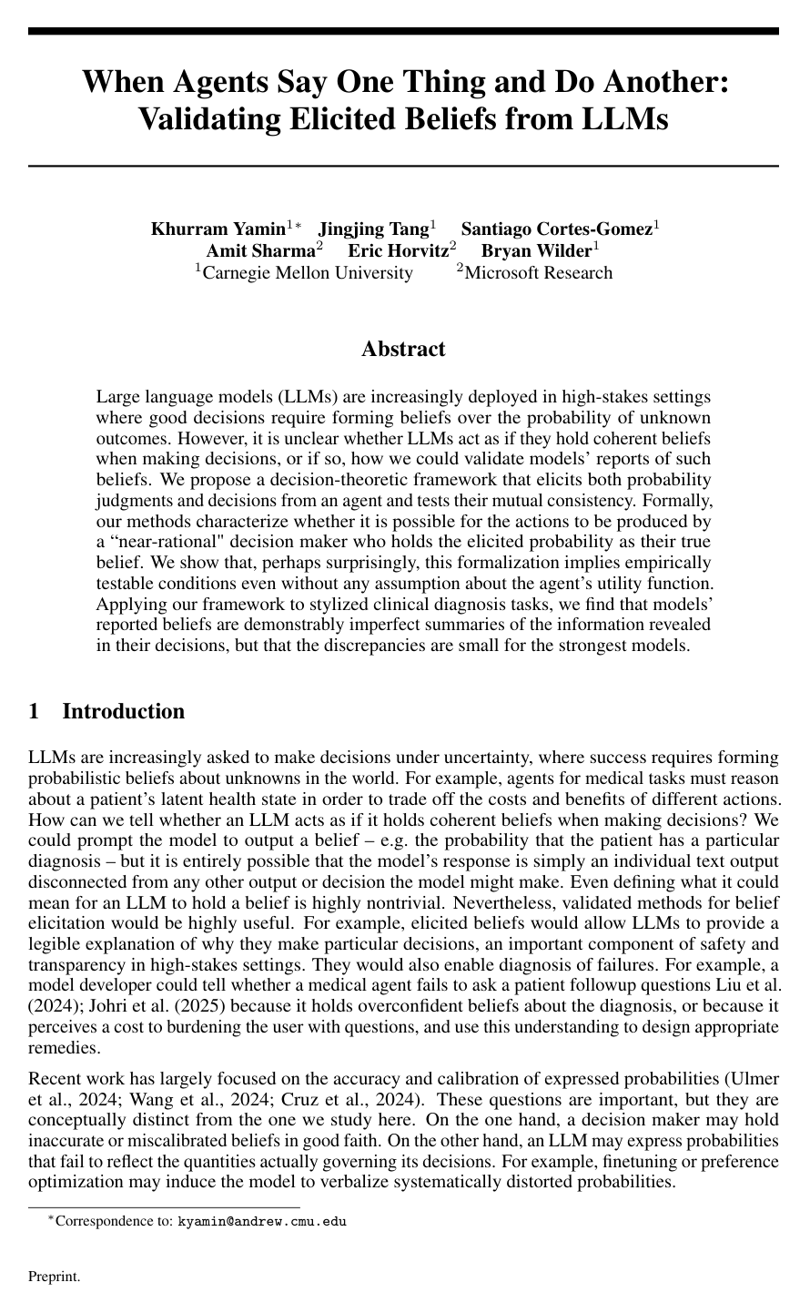 Cover for When Agents Say One Thing and Do Another: Validating Elicited Beliefs from LLMs