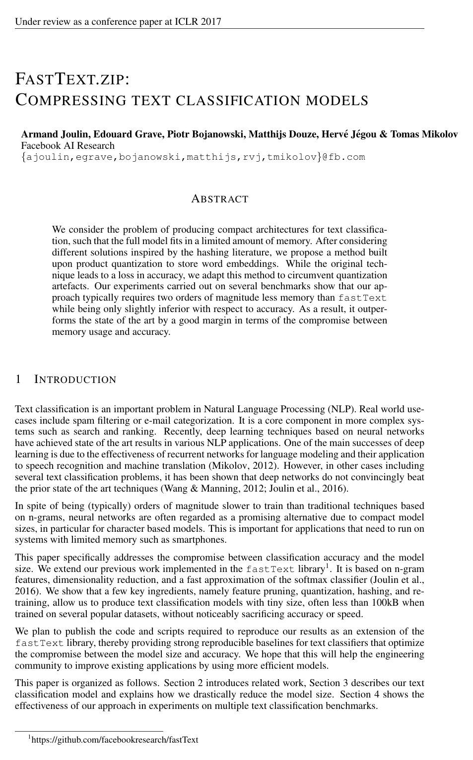 FastText.zip: Compressing text classification models