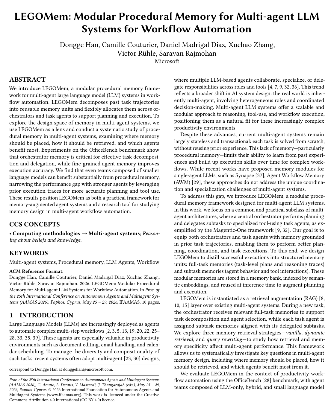 Cover for LEGOMem: Modular Procedural Memory for Multi-agent LLM Systems for Workflow Automation