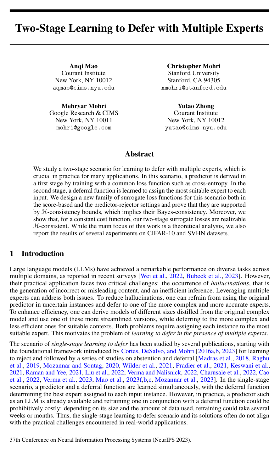 Cover for Two-Stage Learning to Defer with Multiple Experts