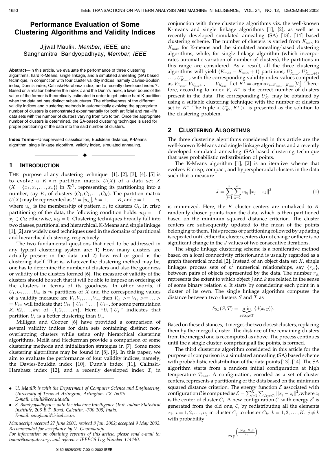 Cover for Performance Evaluation of Some Clustering Algorithms and Validity Indices