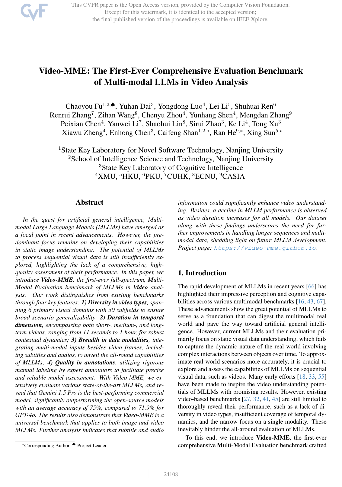 Video-MME: The First-Ever Comprehensive Evaluation Benchmark of Multi-modal LLMs in Video Analysis