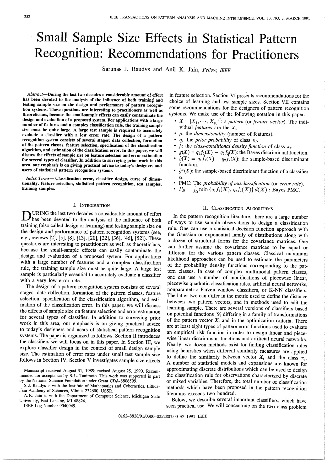 Small Sample Size Effects in Statistical Pattern Recognition: Recommendations for Practitioners