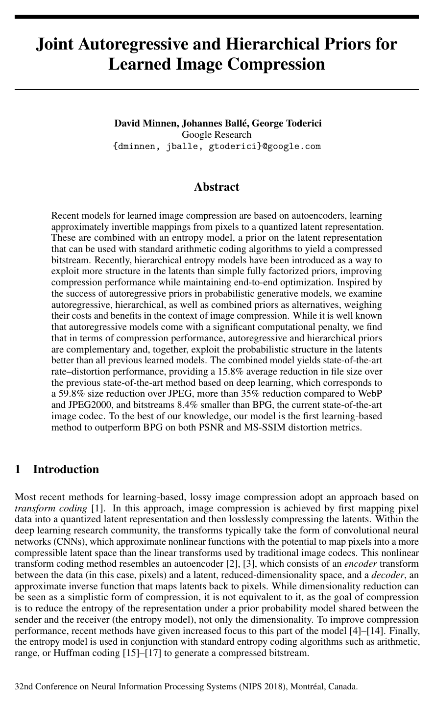 Joint Autoregressive and Hierarchical Priors for Learned Image Compression