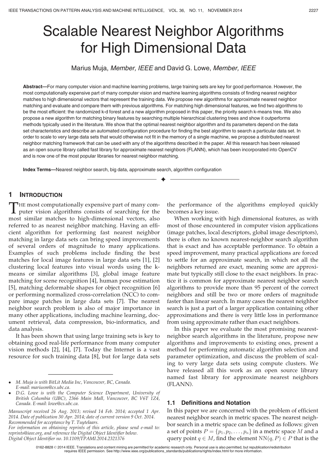 Cover for Scalable Nearest Neighbor Algorithms for High Dimensional Data