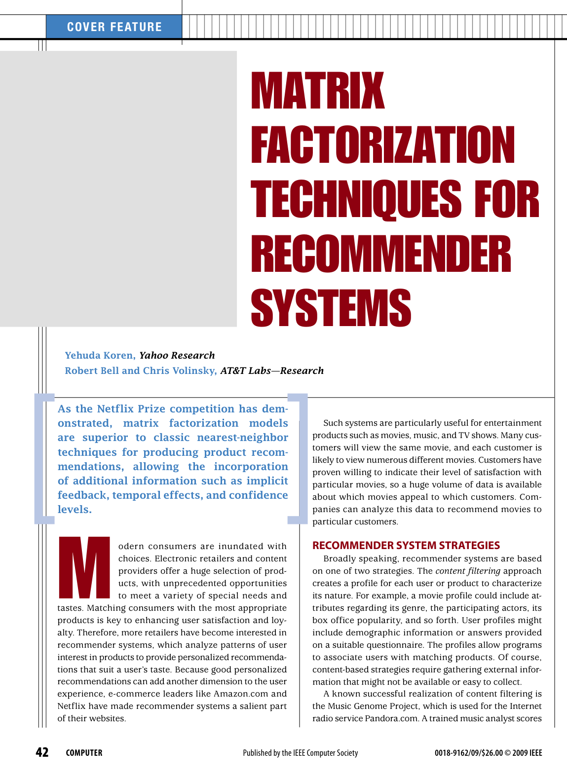 Matrix Factorization Techniques for Recommender Systems