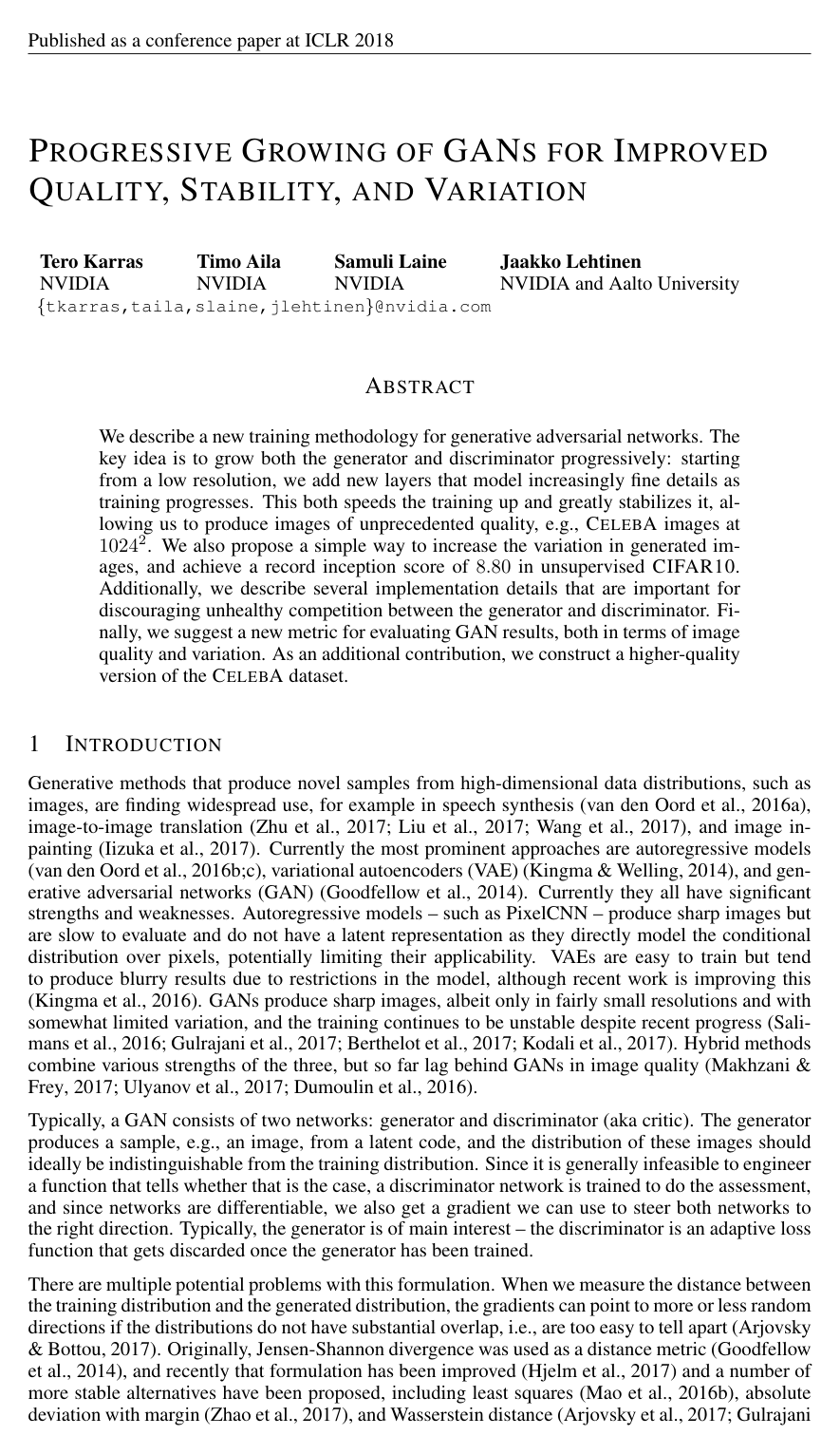 Progressive Growing of GANs for Improved Quality, Stability, and Variation