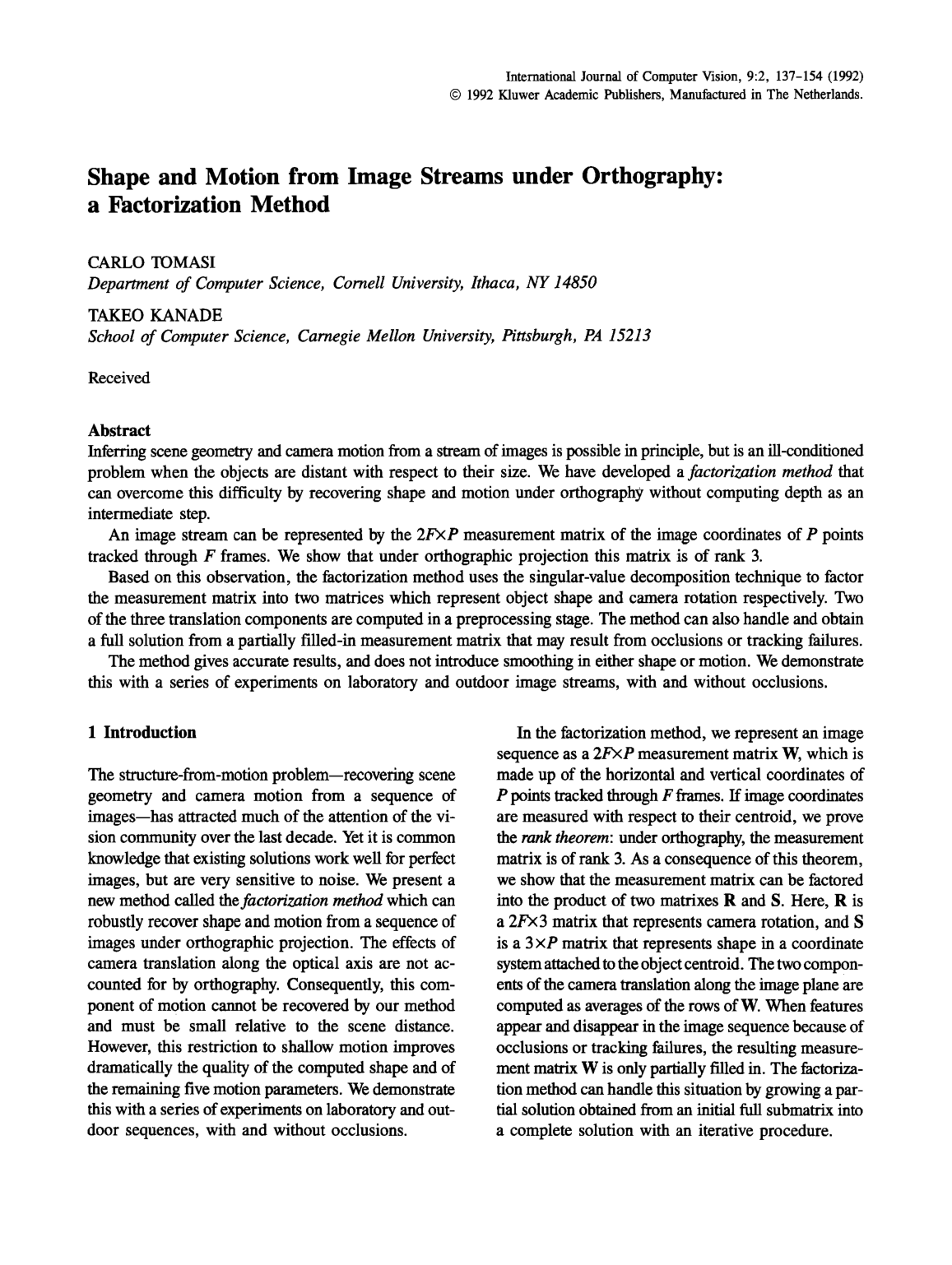 Cover for Shape and motion from image streams under orthography: a factorization method