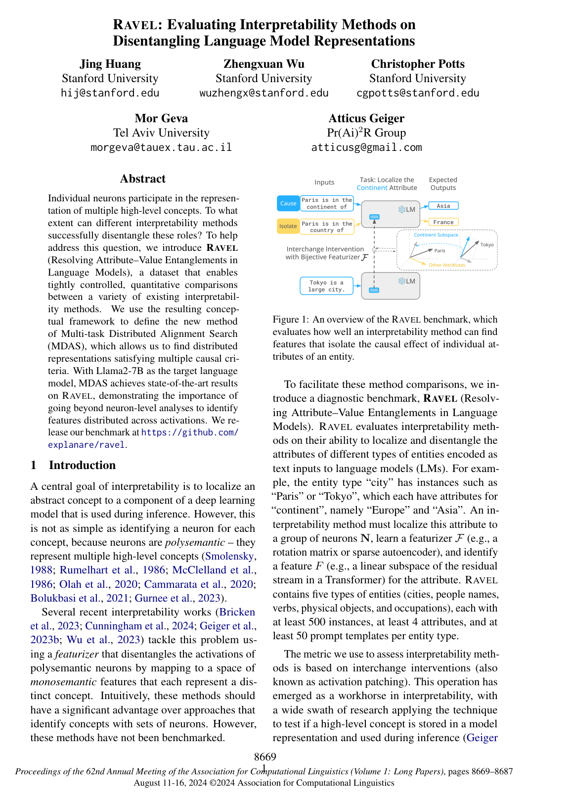 Cover for RAVEL: Evaluating Interpretability Methods on Disentangling Language Model Representations