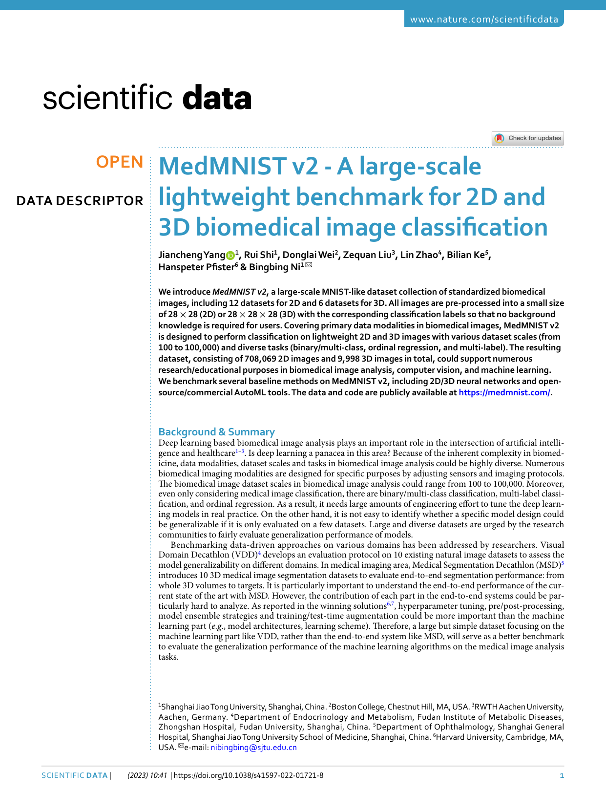 Cover for MedMNIST v2 - A large-scale lightweight benchmark for 2D and 3D biomedical image classification