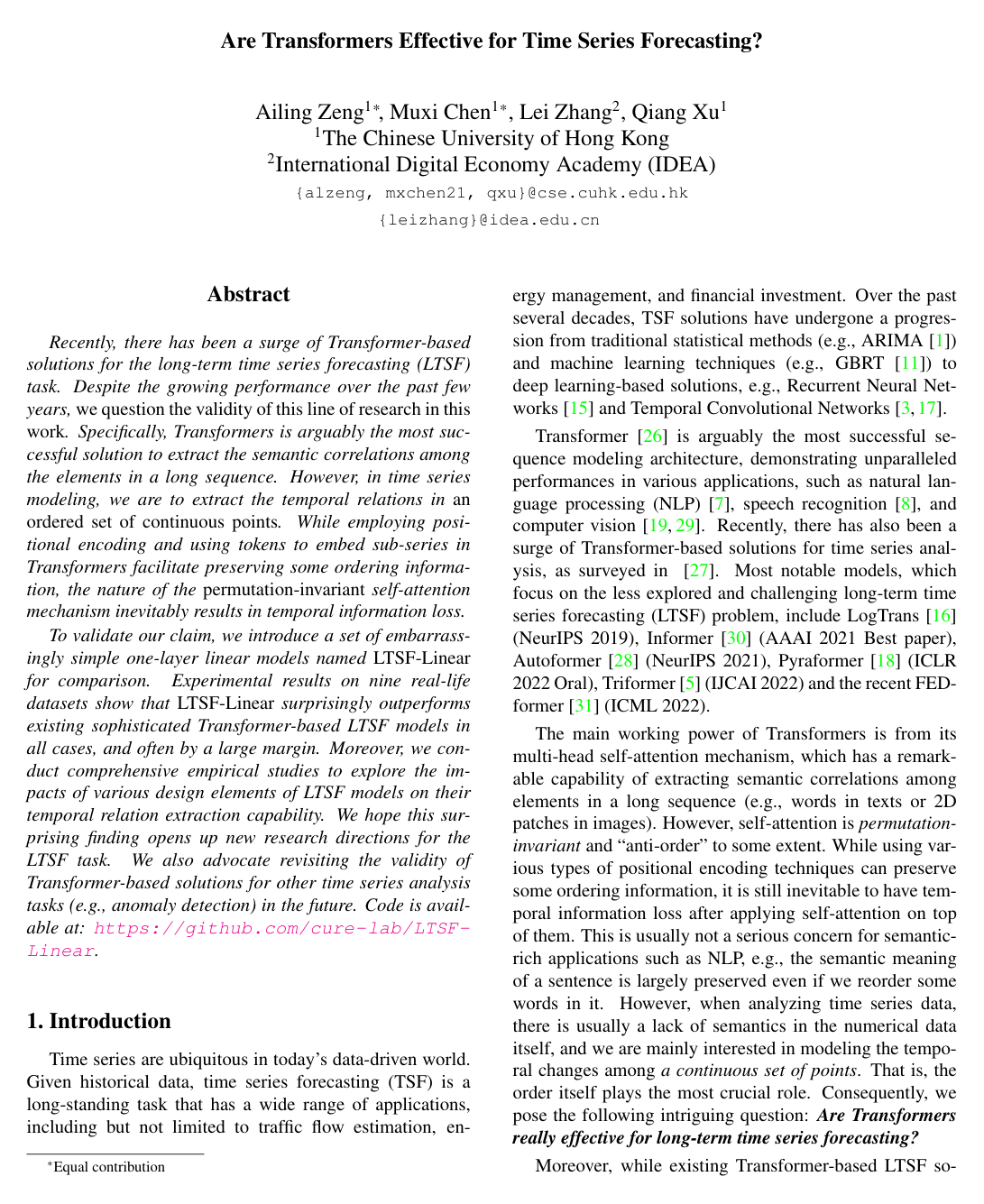Are Transformers Effective for Time Series Forecasting?