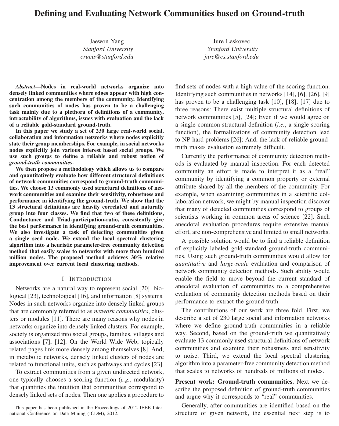 Cover for Defining and evaluating network communities based on ground-truth