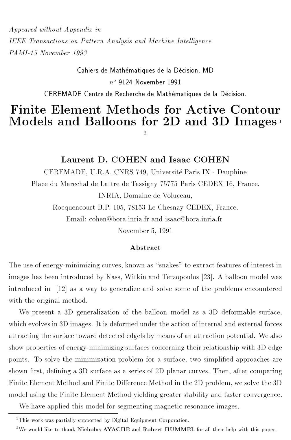 Cover for Finite-Element Methods for Active Contour Models and Balloons for 2-D and 3-D Images