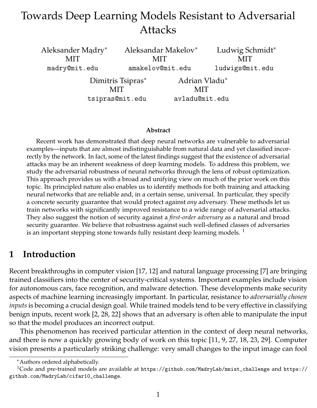 Towards Deep Learning Models Resistant to Adversarial Attacks
