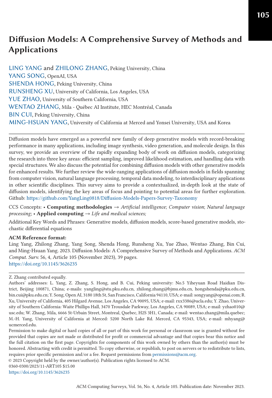 Cover for Diffusion Models: A Comprehensive Survey of Methods and Applications