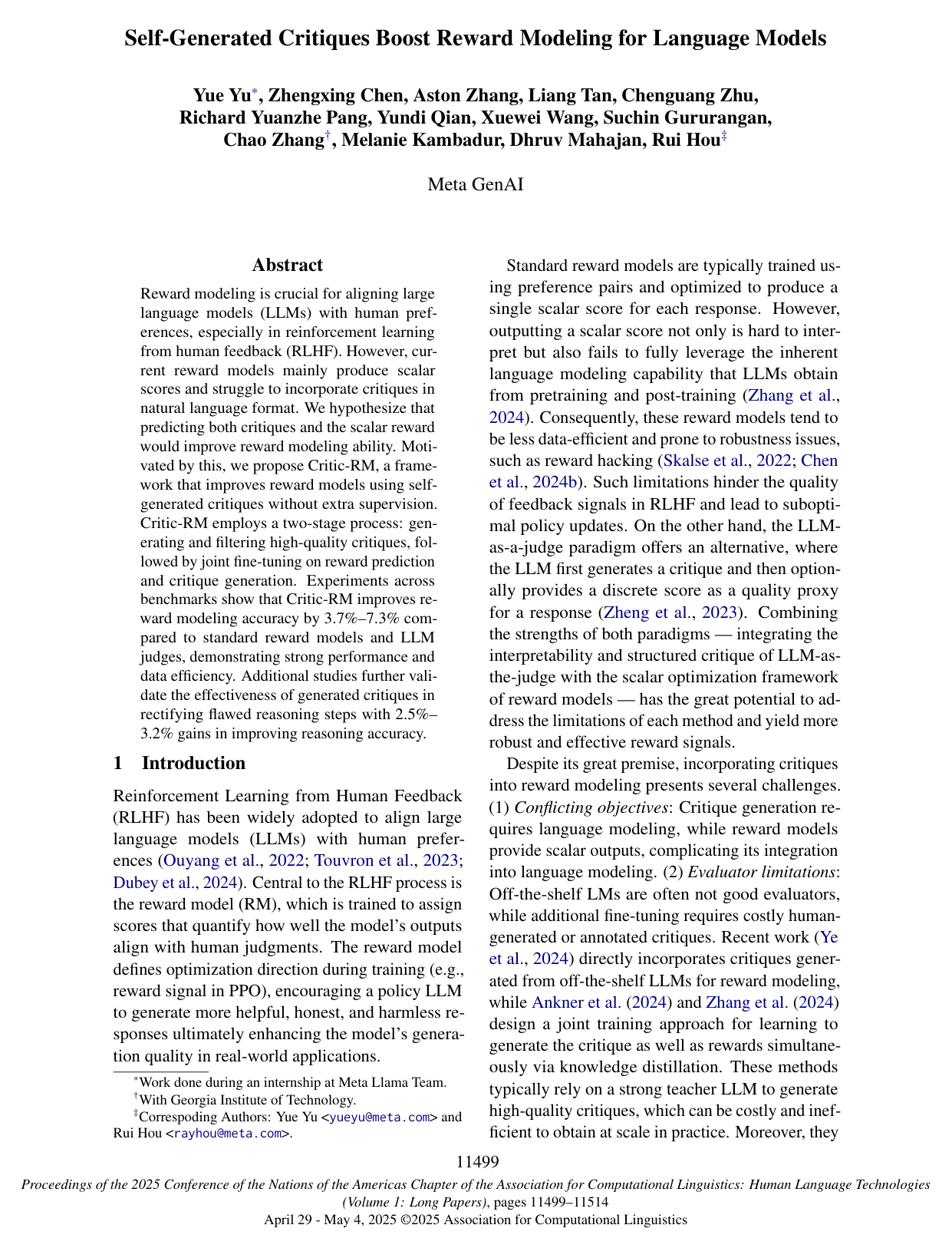 Cover for Self-Generated Critiques Boost Reward Modeling for Language Models