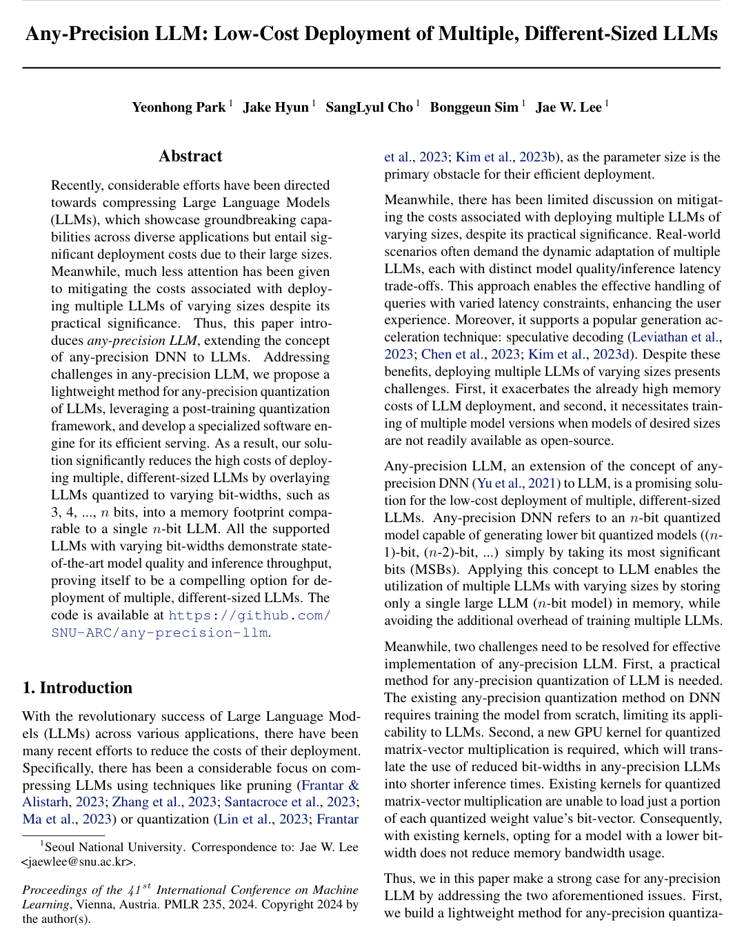 Any-Precision LLM: Low-Cost Deployment of Multiple, Different-Sized LLMs