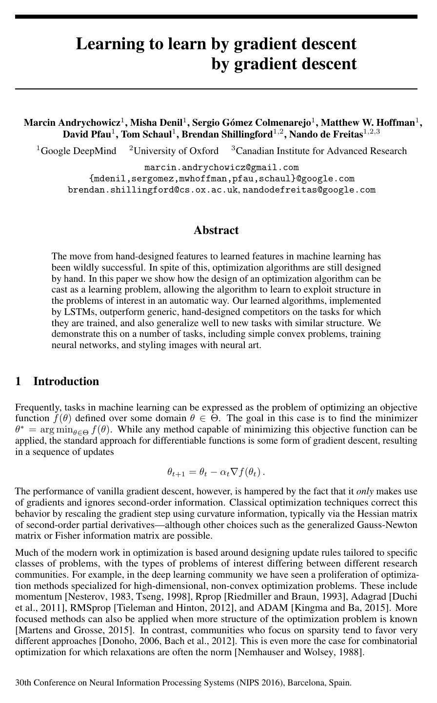 Cover for Learning to learn by gradient descent by gradient descent