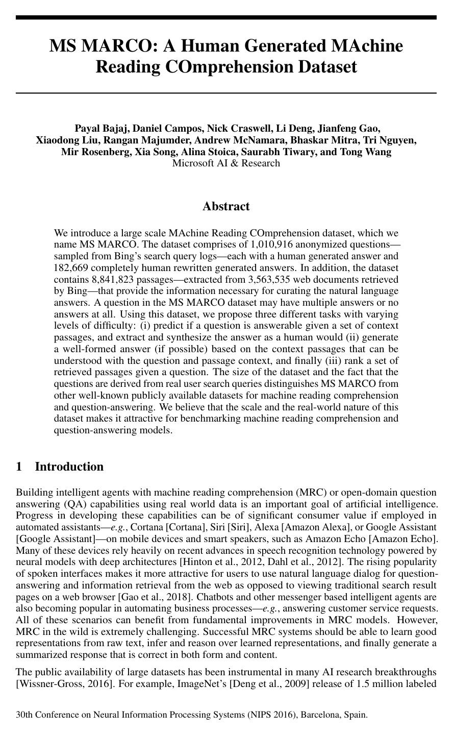 MS MARCO: A Human Generated MAchine Reading COmprehension Dataset
