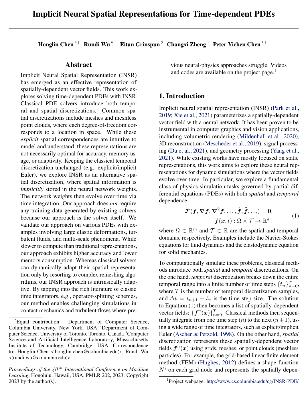 Implicit Neural Spatial Representations for Time-dependent PDEs